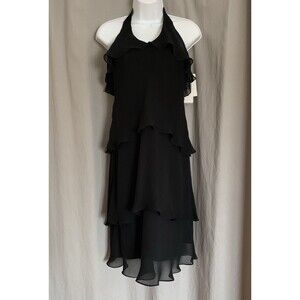 JONES New York Black 100% Silk Layered Chiffon Halter Dress Size 10 NWT